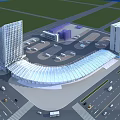 Modern Urban Architectural Complex With Curved Glass Structure Tall Buildings And Parking Lots