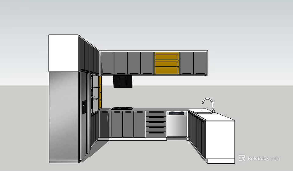 Modern Kitchen Interior Featuring Gray And Yellow Cabinets With Refrigerator Sink And Stove 3d model 