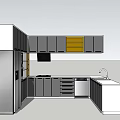 Modern Kitchen Interior Featuring Gray And Yellow Cabinets With Refrigerator Sink And Stove