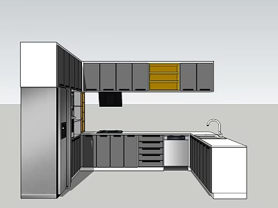 Modern Kitchen Interior Featuring Gray And Yellow Cabinets With Refrigerator Sink And Stove 3d model