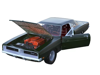 Green Classic Car With Open Hood Doors And Red Engine Visible 3d model