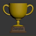 Golden Champion Trophy With Engraved Text On Wooden Base And Shiny Surface