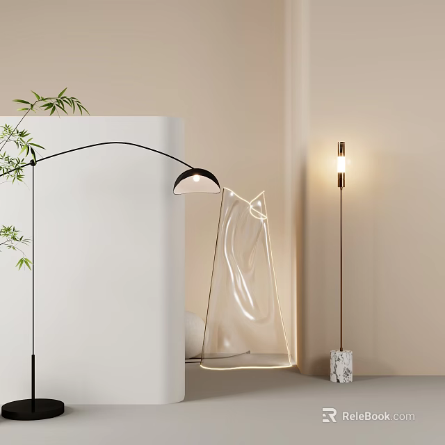 Modern Minimalist Floor Lamps With Curved Design Green Plants And Transparent Decor 3d model 