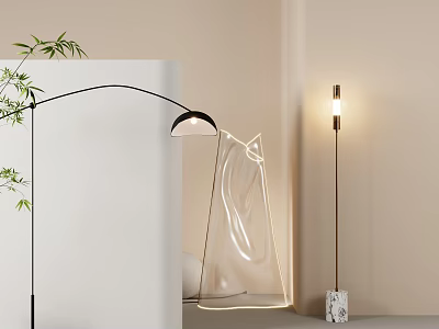 Modern Minimalist Floor Lamps With Curved Design Green Plants And Transparent Decor 3d model
