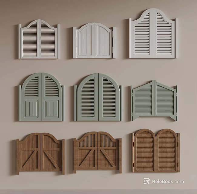 Various Door Designs Featuring Shutter Arch And Panel Styles In Multiple Colors 3d model