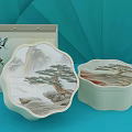 Chinese Style Opened Box With Landscape Design And Cylindrical Container On Blue Fan Background