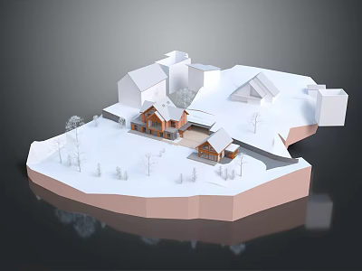 Winter Rural Landscape With Snow Covered Ground Wooden Houses And Small Trees 3d model