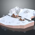 Winter Rural Landscape With Snow Covered Ground Wooden Houses And Small Trees
