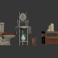 Household Living Essentials Including Wooden Toilet Vanity Table With Mirror Ceramic Vase And Towels