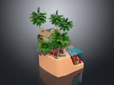 Miniature Tropical 3D Scene With Palm Trees Hut Pool And Sandy Decorative Base 3d model