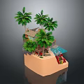 Miniature Tropical 3D Scene With Palm Trees Hut Pool And Sandy Decorative Base