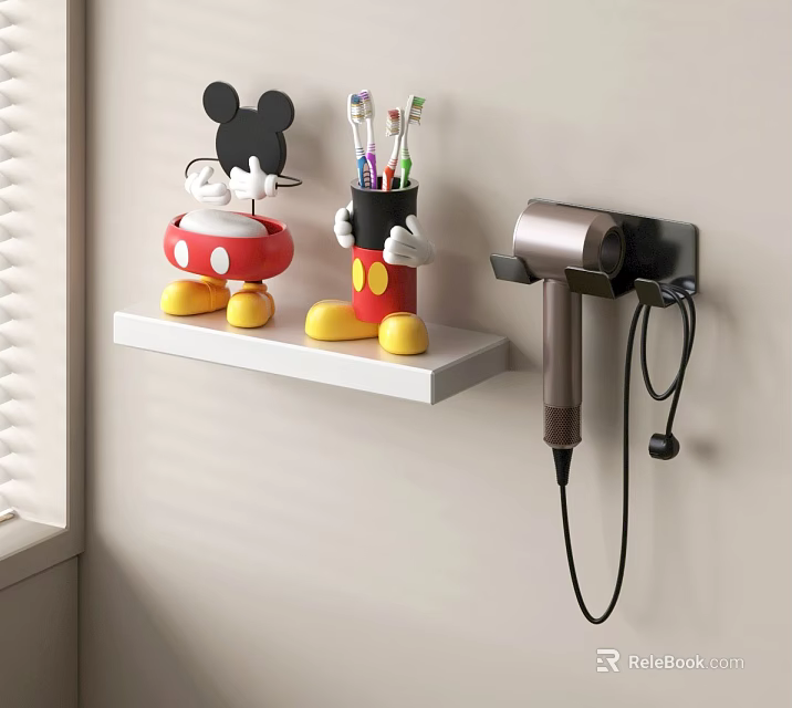 Bathroom Accessories with Wall Mounted Shelf Mickey Shaped Storage and Silver Hairdryer Holder 3d model 