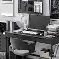 Modern Office Desk Featuring Computer Monitor Printer Desk Lamp Calendar And Decorative Posters