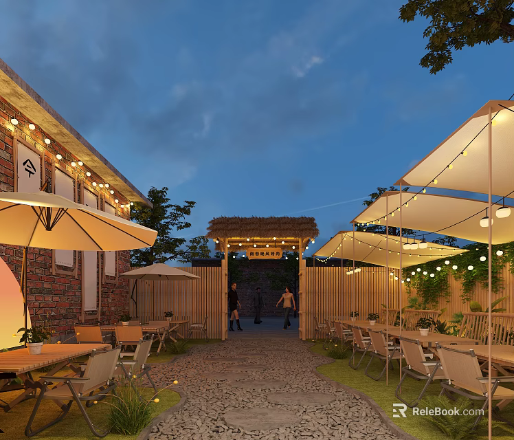 Outdoor Restaurant With Brick Building Wooden Tables Chairs Umbrellas String Lights And Green Plants 3d model 