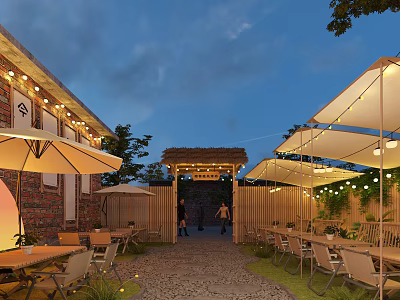 Outdoor Restaurant With Brick Building Wooden Tables Chairs Umbrellas String Lights And Green Plants 3d model