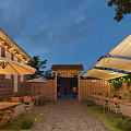 Outdoor Restaurant With Brick Building Wooden Tables Chairs Umbrellas String Lights And Green Plants