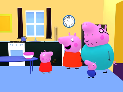 Peppa Pig Family Members Standing Together In Cozy Kitchen With Clock And Window 3d model