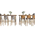 Wooden Bar Counter With High Stools Green Plants And Tableware In Modern Dining Area