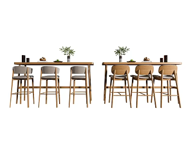 Wooden Bar Counter With High Stools Green Plants And Tableware In Modern Dining Area 3d model