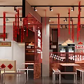 Chinese Style Hot Pot Restaurant Interior With Red Decorations 3d model