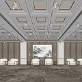 Spacious Hotel Public Lounge Interior With Square Ceiling Lights Wooden Walls And Patterned Carpet