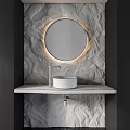 Modern Bathroom Vanity With Round LED Light Mirror And Marble Countertop On Textured Wall