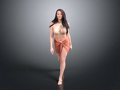 Stylish Woman in Beige Top and Orange Wrap Skirt Walking Against Gray Background 3d model