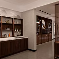 Chinese Style Clubhouse Interior Design With Wooden Table Chairs Paintings Ceiling Lamps And Plant