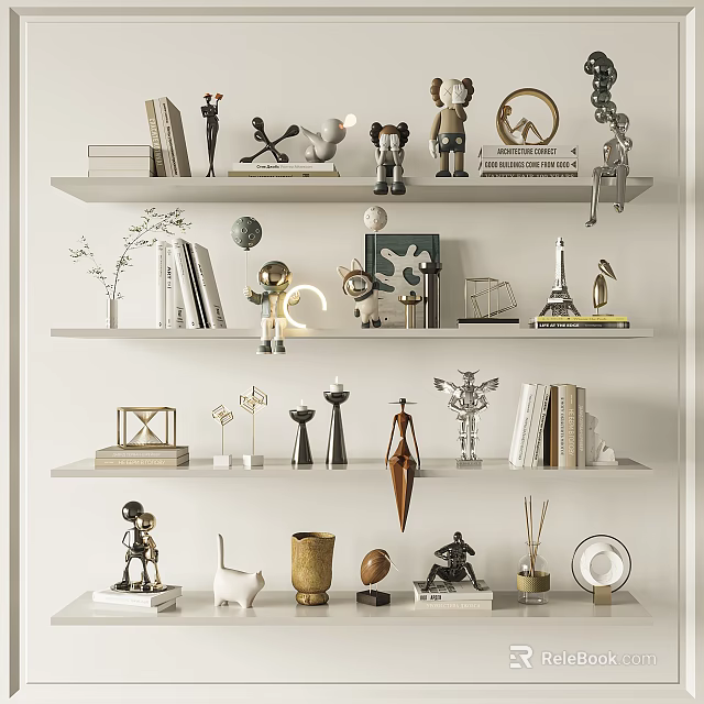 Modern Interior Decor Ornament Set with Sculptures Books Vases on White Shelves 3d model 