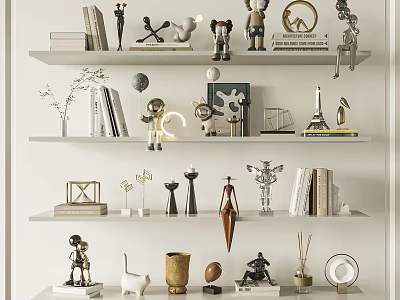 Modern Interior Decor Ornament Set with Sculptures Books Vases on White Shelves 3d model