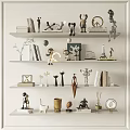 Modern Interior Decor Ornament Set with Sculptures Books Vases on White Shelves