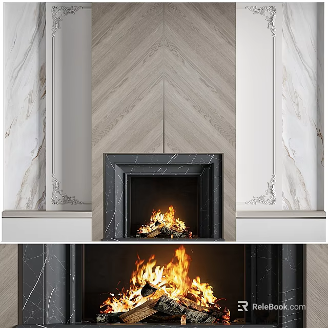 Elegant Fireplace Interior With Herringbone Marble Wall Black Frame And Burning Flames 3d model
