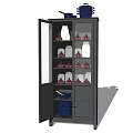Dark Colored Decorative Cabinet With Open Shelves Blue Pots White Bowls And Red Dishes