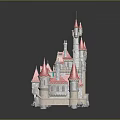 Detailed Castle Model With Pink Roofs Towers Colorful Domes Wooden Door And Stone Base