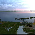 Scenic Garden Landscape at Sunset With Lake Lush Trees Boardwalk and Green Space