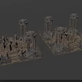 Cartoon Scene with Ancient Mechanical Structures Stone Pillars and Wooden Platforms