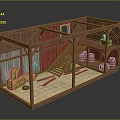 Wooden Barn Structure With Red Walls Staircase Hay Bales And Barrels