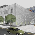 Modern Commercial Complex With Central Plaza Fountain Surrounding Trees And Street Vehicles