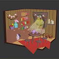 Cartoon Cozy Scene With Pink Shelves Colorful Items Table Stools Red Rug And Warm Light