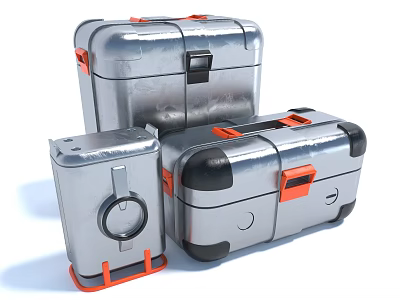 Metallic Luggage Cases With Orange Accents And Various Sizes 3d model