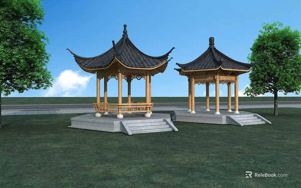 Chinese Garden Landscape Featuring Two Traditional Pavilions With Black Roofs And Green Grass 3d model 