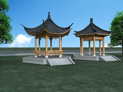 Chinese Garden Landscape Featuring Two Traditional Pavilions With Black Roofs And Green Grass 3d model