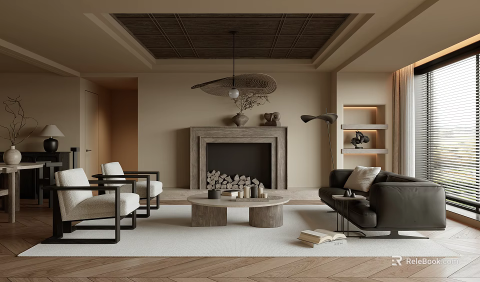 Modern Living Room Interior With Sofa Armchairs Coffee Table Fireplace And Pendant Lighting 3d model 
