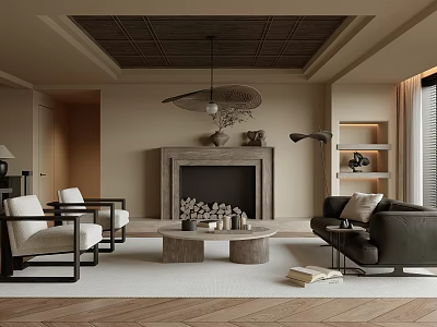 Modern Living Room Interior With Sofa Armchairs Coffee Table Fireplace And Pendant Lighting 3d model