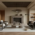 Modern Living Room Interior With Sofa Armchairs Coffee Table Fireplace And Pendant Lighting