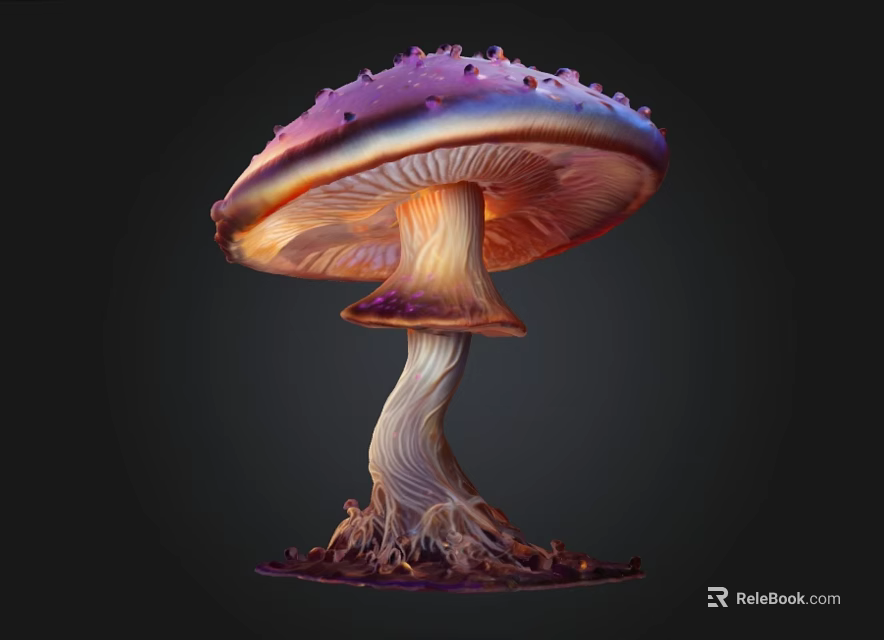 Vibrant Purple And Orange Mushroom With Textured Cap Curved Stem And Roots 3d model 