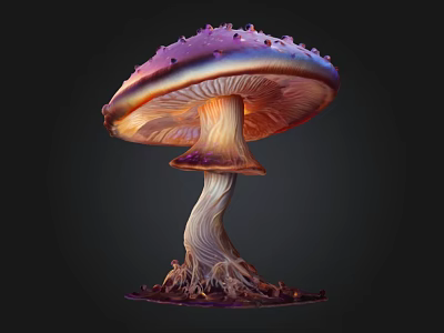 Vibrant Purple And Orange Mushroom With Textured Cap Curved Stem And Roots 3d model