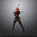 Red Haired Woman in Armor Holding Two Red Swords in Battle Stance