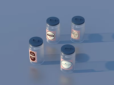 Transparent Glass Jars With Dark Lids And Different Label Designs 3d model