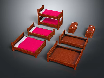 Wooden Double Bed With Pink Mattress And Matching Wooden Nightstands Set 3d model